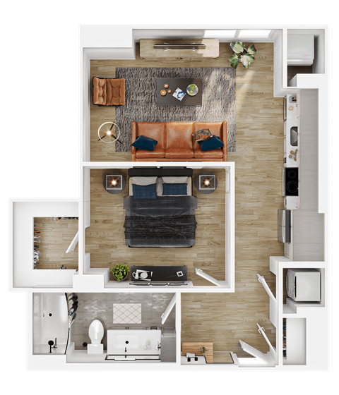 Floor plan for 1 bed, 1 bath, 631 sqft